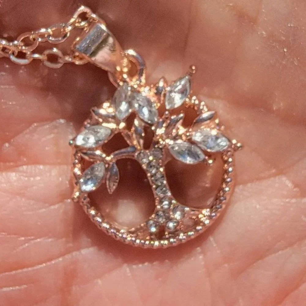 Tree of Life Pendant Necklace White Rhinestones Gold Tone Adjustable 22